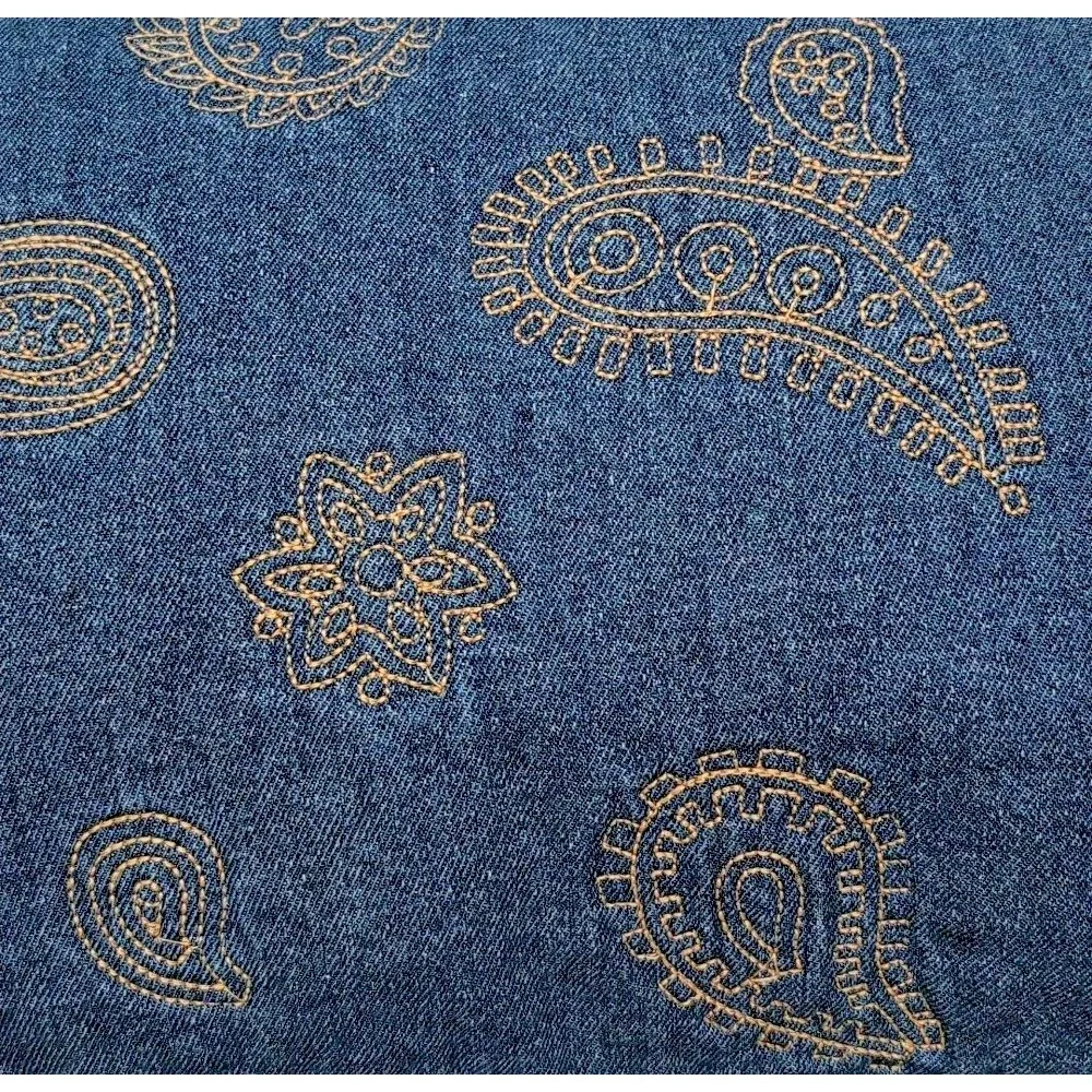 Blue Denim Embroidered Paisley Throw Pillow Rectangle Zipper Closure Boho 18x12